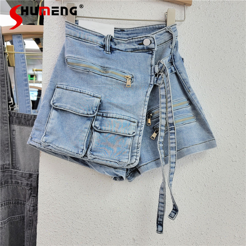 Korean Style Irregular Multi-Pocket Workwear A- Line Shorts Women&s Loose Wide-Leg Pants 2022 Spring Summer Denim Short Jeans